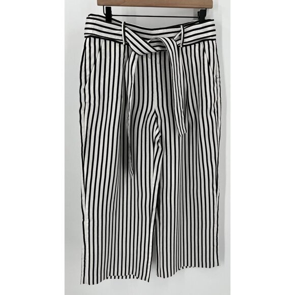 Karen Millen Cropped Wide Leg Trouser Pant Size 8 Black White Stripe Belted - Picture 1 of 16